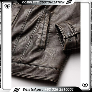 แจ็กเก็ตหนังแท้ลายรถแข่งสีน้ำตาลสำหรับคาเฟ่แจ็กเก็ตมอเตอร์ไซค์ - Product Image 4