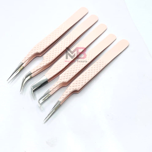 Juego completo de pinzas de extensión de pestañas de acero inoxidable con empuñadura de diamante recubierta de color nude claro al por mayor a granel - Product Image 6