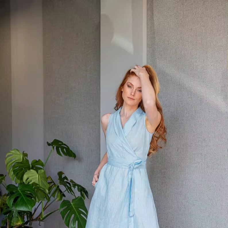 Light Blue Linen Maxi Dress V-Neck Sleeveless Design Woven Belt Wrap  Natural Waist Pockets Straight Silhouette Anti-static for| Alibaba.com