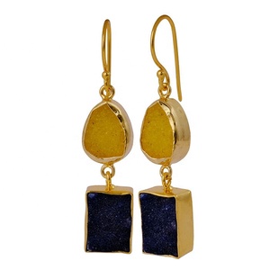 Pendientes colgantes finos chapados en oro hechos a mano, piedra preciosa de ágata Druzy verde y amarilla natural con gancho de gota, pendientes hechos a mano - Product Image 6