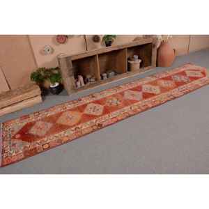 Tapis turc vintage grand 2,8x12 pieds classique rouge beige motif abstrait laine matériau 10mm Latex pour couloir chambre décor - Product Image 5