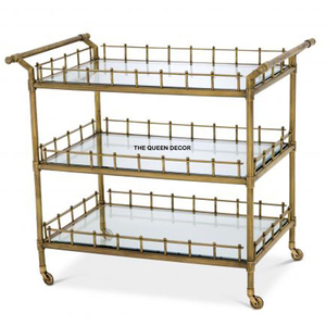 Home <b>Storage</b> Serving Brass Metal Round Shape <b>Mirror</b> Glass Top Gold Finish Serving Trolley Rolling Cart for Drinks - Product Image 4
