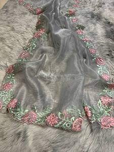 Sari de seda de Organza suave hermoso de alta calidad bordado tradicional Cutwork borde estilo paquistaní fiesta boda funciones - Product Image 3