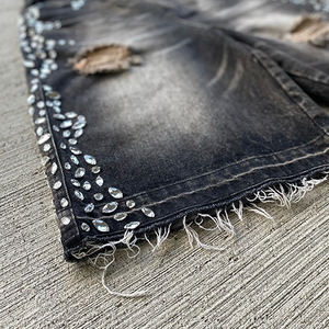 Short en jean pour homme Taille plus Baggy personnalisé Perlé Déchiré Catwhiskers Short en jean pour homme - Product Image 5