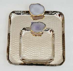 Plateaux de service en métal poli brillant en aluminium avec poignée en agate, cadeaux de mariage, best-seller, décoration de table, plateau artisanal unique - Product Image 1
