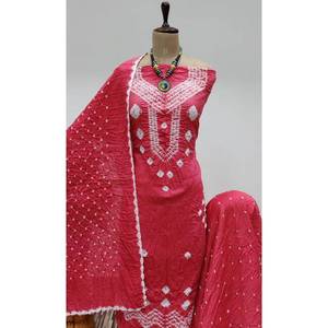 Nouveau tissu de robe en satin rouge Bandhani, longueur genou, écologique, respirant, anti-rides, taille naturelle, pour femmes - Product Image 1