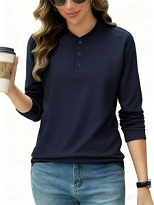 Solid Color Cotton Autumn Women Henley Shirt All-<b>Match</b> Fashion <b>Long</b> Sleeves Casual T-Shirts Street Button - Product Image 6