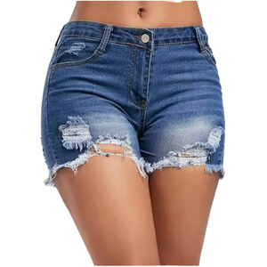 Women’s Vintage Style Denim <b>Shorts</b> with <b>High</b> Rise <b>Waist</b>, Loose Fit Silhouette, Faded Wash, Distressed Accents and Raw Edge Hem - Product Image 2