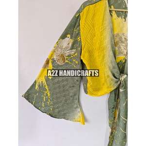 Top corto Floral Vintage Floral para mujer, ropa informal de verano más vendida, Top de corbata de seda pura con mangas largas de campana en V profundo - Product Image 5