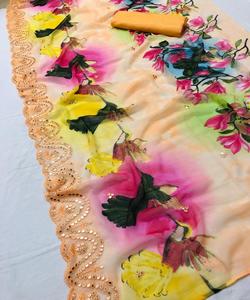 Imprimé brodé sari + chemisier dernière mode indienne dames pas cher bas prix saris tenue de fête mariage indien femmes porter Alphanumero - Product Image 6