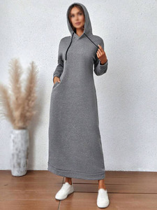 Ventes en gros de robes longues à capuche en polaire tricotée grise pour femmes, pull décontracté d'hiver, vêtements de détente avec poches, commandes en gros - Product Image 4