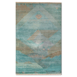 พรมไหมถักมือสีน้ำเงิน Manchaha Luv-647 ลายแบบนามธรรม สำหรับทางเข้าบ้าน ห้องนั่งเล่น รูปทรงสี่เหลี่ยมผืนผ้า เทคนิคการเย็บแบบ Patchwork ทำด้วยมือ - Product Image 1