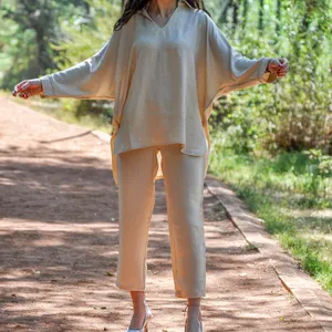 Linen Modal Women's Two-Piece Set Natural Light Beige Slouchy Fit Elegant Look For Woman Lady Girl Home Wear Set