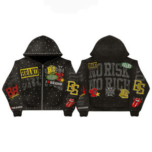 Sudadera con capucha corta para hombre de algodón de 500 g/m² con pedrería, estilo oversize, lavado ácido y efecto desgastado, ideal para invierno. - Product Image 1