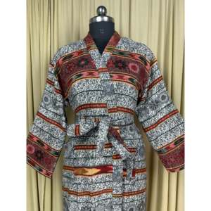 Bata Kimono de Lana de Yak para Mujer, Cálida y Acogedora para Invierno, con Rayas Blancas, Tipo Cárdigan, con Bolsillos, Estilo Único, Talla Única, Ropa de Estar por Casa - Product Image 2