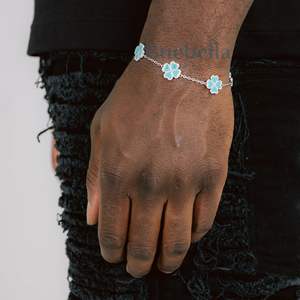 Fine Jewelry men 13MM Iced Turquoise Clover <b>Bracelet</b> Anti-Tarnish 925 <b>Sterling</b> <b>Silver</b> White Gold Plated Clover <b>Bracelet</b> For Men - Product Image 1