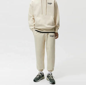 Ensemble de survêtement pour homme en coton 100% beige, coupe ample, avec poignées robustes, respectueux de l'environnement, deux pièces, sweat à capuche et pantalon cargo grande taille - Product Image 2