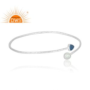 Brazalete de Plata de Ley 925 con perlas naturales y piedras preciosas de cianita, joyería personalizada para mujer, regalo para ella - Product Image 4