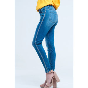 Jeans Ajustados de Mezclilla Transpirable de Cintura Alta para Mujer, Pantalones Ajustados de Invierno/Verano con Rasgaduras y Líneas Brillantes, Estilo Y2K, Tallas XL y 2XL Disponibles - Product Image 1