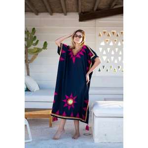 Vestido Kaftan con Bordado Ecológico para Mujer, Cintura Natural, Corte Regular, Largo hasta el Suelo, Estilo Bohemio Étnico, Ropa de Playa - Product Image 1