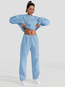 Ensemble survêtement femme en deux pièces bleu ciel surdimensionné, sweat-shirt à col rond et pantalon de jogging à revers, sweat-shirt respirant et pantalon de survêtement pour femme - Product Image 2