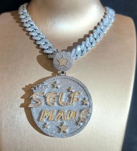 Big Circle Disk "Self Made" Letters Charm Pendant ,Iced Out Micro Collar de disco pavimentado, Hip Hop Joyería personalizada para hombres - Product Image 2