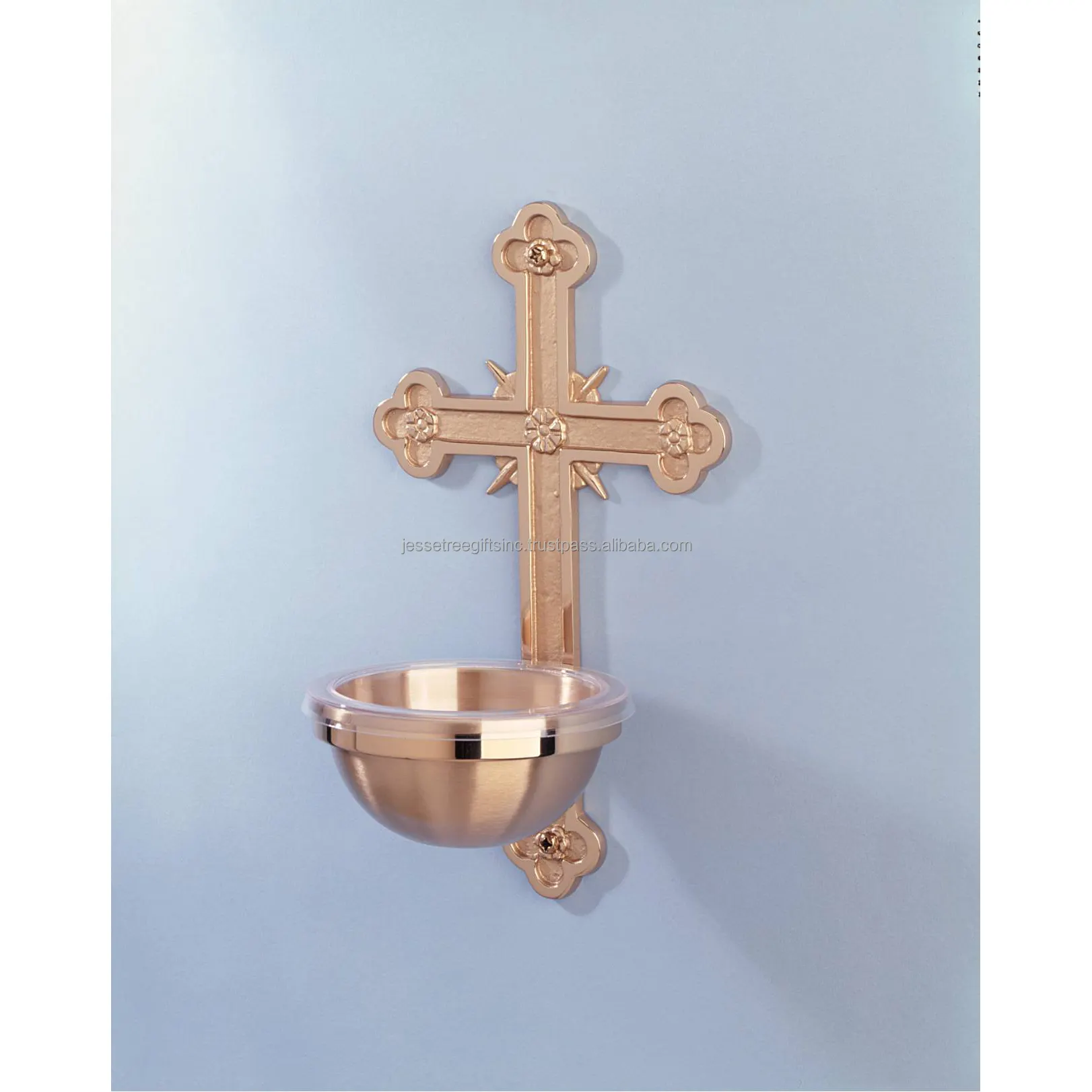 Brass Wall Mounted Holly Water Font With Shiny Polish Finishing Cross Shape Embossed Flowers Design For Religious Bulk Orders