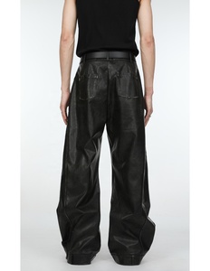 Pantalon large pour homme en PU noir, taille haute, avec ceinture, style streetwear décontracté - Product Image 2