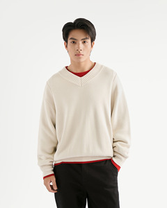 Sweat-shirt à manches longues pour homme, col en V, en coton rayonne tricoté, coupe ample, logo personnalisé brodé, écologique, usage intensif - Product Image 1