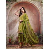 Ensemble de robe pakistanaise pour femmes en vert brodé 3 pièces (Kurta Sharara & Dupatta) en tissu satiné viscose/coton, vêtements ethniques d'été