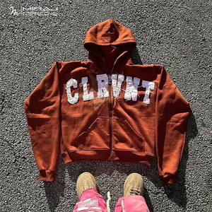 Zip up Hoodie Hombres Custom Distressed Applique Patch Bordado Vintage Acid Washed Men Hoodies - Product Image 5