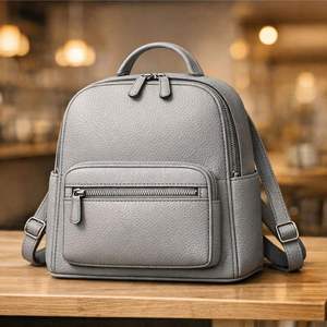 Gray Genuine <b>Leather</b> <b>Mini</b> <b>Backpack</b> Women Soft Grain Zipper Shoulder Bag Flap Pocket for Daily Travel - Product Image 1