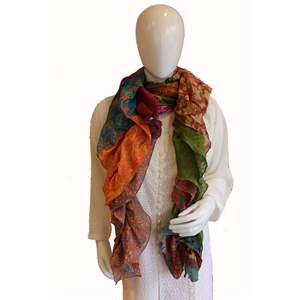 Recycled <b>Silk</b> Sari Frill Scarf Ruffle Vintage Multicolor Boho Fashion for Girls Hand Drawn Designer Long Scarf for Spring - Product Image 4