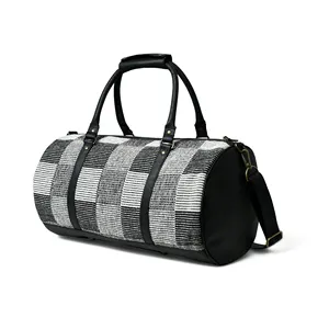 LATEST THICK JACQUARD DUFFEL BAG WITH COW WAXY LEATHER HANDLE AND DETACHABLE SHOULDER STRAP
