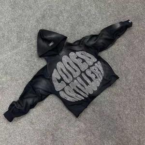 Sudadera con capucha para hombre bordada de gran tamaño unisex, ropa con logotipo personalizado, ropa de calle de peso pesado de fabricantes, detalle de diamantes de imitación - Product Image 1