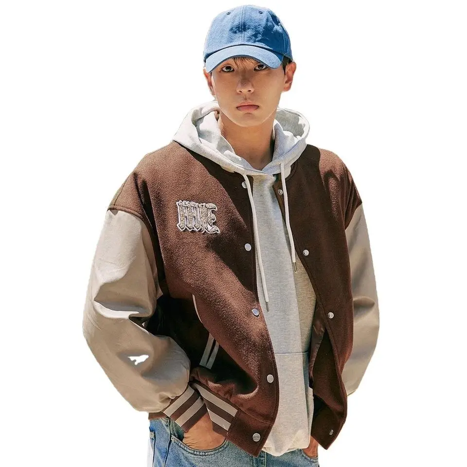 Baseball Varsity Jacket High Quality Genuine Leather Sleeves Snap Front Closure Wool Fully Lined Custom Leather Canvas Fabric