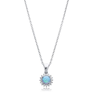 Collar de Plata de Ley 925 Hecho a Mano en Turquía con Diseño de Ópalo Azul Claro de Corte Redondo y Circonitas, Venta al por Mayor para Mujer - Product Image 1