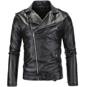 Chaqueta de Motociclista de Cuero PU con Cuello Camisero y Cremallera, Ajustada, Otoñal, para Hombre, Estilo Urbano, con Botones, Lisa, Teñida, Reversible y Ecológica - Product Image 1