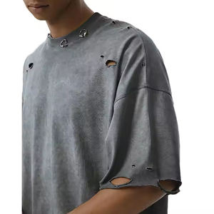 T-shirt rétro surdimensionné personnalisé pour hommes t-shirt vintage en détresse déchiré t-shirts vierges 300 grammes - Product Image 4