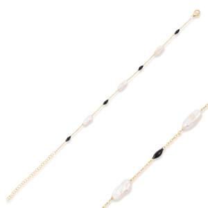 Pulsera de Cadena con Perlas de Agua Dulce y Esmalte Negro, Joyería Turca Hecha a Mano en Plata de Ley 925, Venta al Por Mayor - Product Image 1