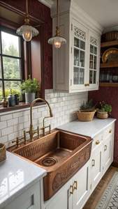 Évier de cuisine en cuivre martelé de ferme moderne avec tablier élégant pour la rénovation intérieure de la cuisine rustique - Product Image 3