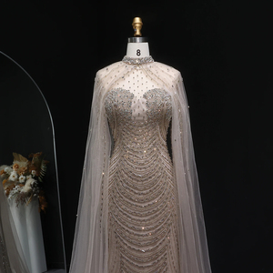 Jancember LSZ165 Robe de soirée sirène en cristal <span class=keywords><strong>champagne</strong></span> avec perles musulmanes et châle - Product Image 6