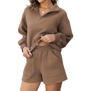 high quality 100% cotton fleece Summer Women Crop <b>Top</b> half zip Hoodie <b>and</b> <b>Short</b> <b>Set</b> Biker <b>Short</b> <b>Set</b> for Winter 2 piece <b>Set</b> 2026 - Product Image 1