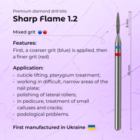 Fraise à ongles professionnelle en diamant, forme flamme, 1,2 mm, grain bleu+rouge, pour cuticules, outils de beauté pour salon, fournisseur OEM