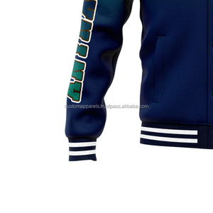 Veste universitaire personnalisée en laine et cuir pour marques de luxe avec col montant et broderie décorative sur le devant - Product Image 6