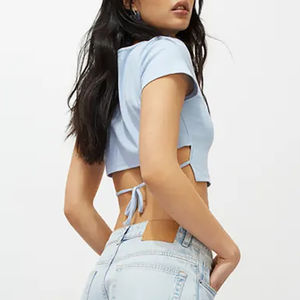 Femmes écologique 100% coton Streetwear coupe régulière haut court T-Shirt été mode motif à carreaux col rond manches courtes - Product Image 2