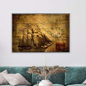 Tableau imprimé sur toile avec carte du trésor des pirates, décoration murale élégante, 1P : encadré blanc - Product Image 1