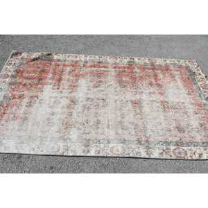 พรมขนาด 4.4x7.9 ฟุต, พรมวินเทจตุรกี, พรมขนสัตว์ลายเรขาคณิตสีแดงเทา - Product Image 3