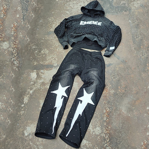 Custom Acid Washed Distressed Embroidery Patch Pullover <b>Tracksuits</b> Streetwear Pullover Rhinestone 2 Piece <b>Tracksuits</b> - Product Image 2