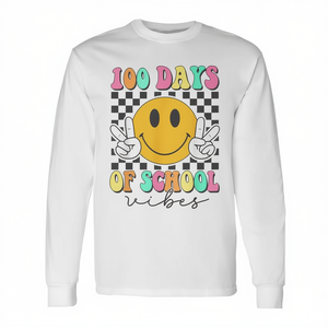 Maglietta a Maniche Lunghe con Faccina Sorridente per il 100° Giorno di Scuola, T-Shirt Promozionale per l'Atmosfera del 100° Giorno di Scuola - Product Image 2